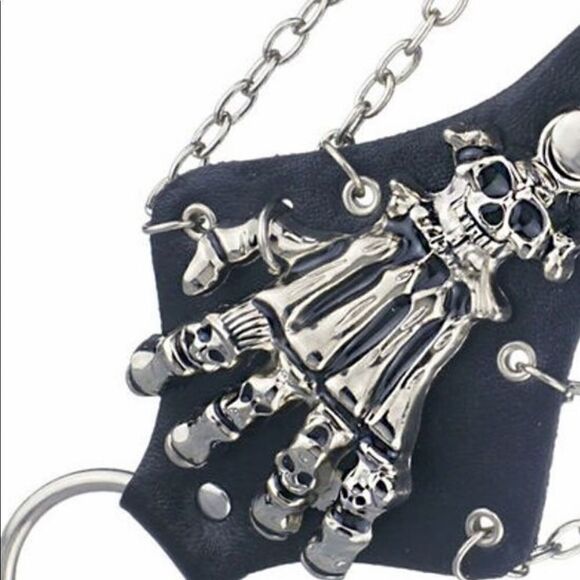Unisex skeleton skull hand glove chain link leather with finger hold . - Picture 3 of 6